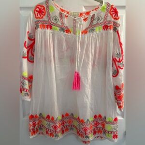 Ruby Yaya Colorful Embroidered Sheer Tunic Blouse
